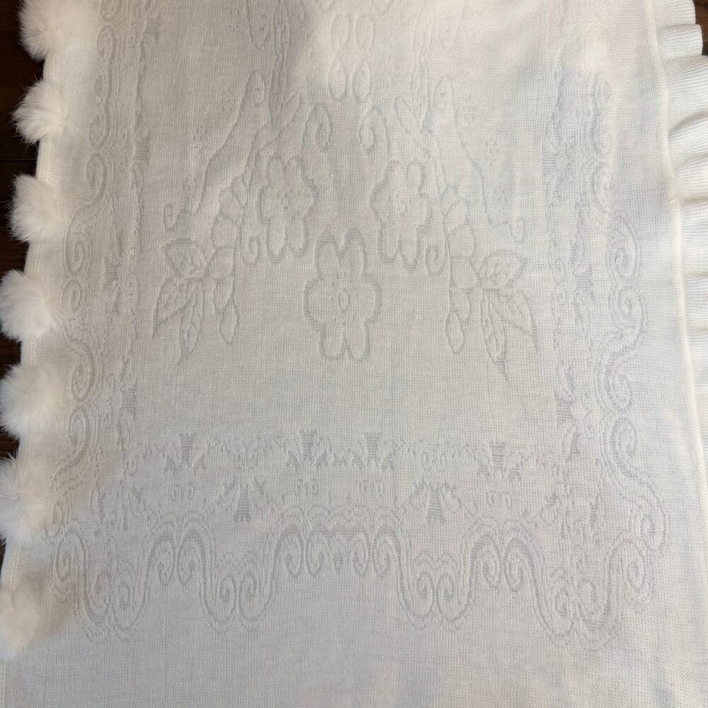 La Fiorentina White Knit Shawl Wrap Rabbit Fur Pom Pom Trimmed Long Scarf Angora - Picture 11 of 13